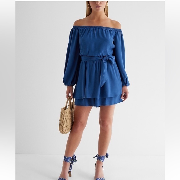 Express Pants - NWT Express Long Sleeve Tie Waist Ruffle Romper Blue size Small